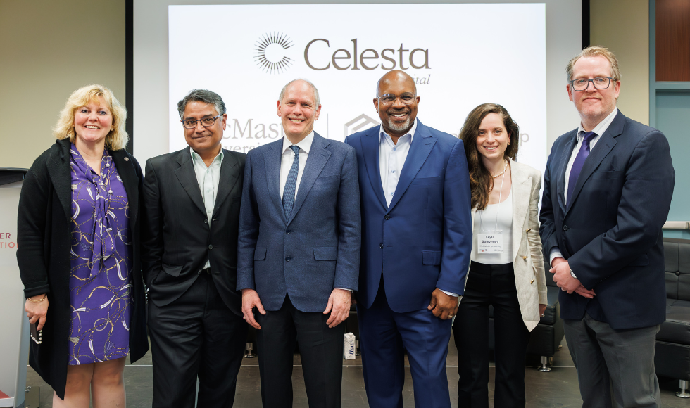 From left to right: Provost Susan Tighe, Celesta founding and managing partner Sriram Viswanathan, President David Farrar, Celesta CEO Nicholas Brathwaite, Associate Vice-president of Research Leyla Soleymani and acting Vice-President of Research Andy Knights.